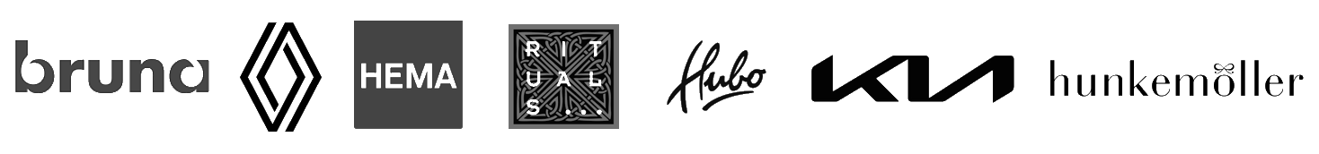 Logo's klanten digital: Bruna, Renault, Hema, Rituals, Hubo, Kia en Hunkemoller